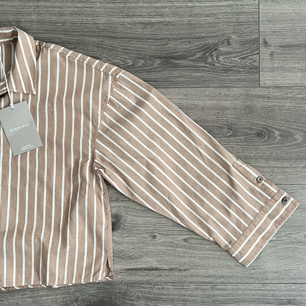 EVERLANE The Woven PJ Top XS Oversized Boxy Brown Stripe Loungewear Preppy NWT - Picture 4 of 9